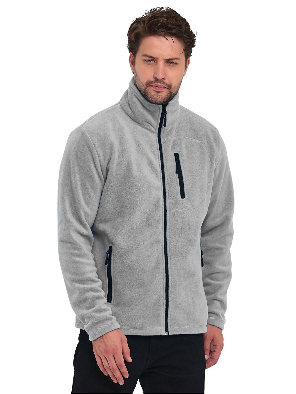 Gri Erkek Polar Tam Fermuarlı 3 Cepli Outdoor Polar Ceket