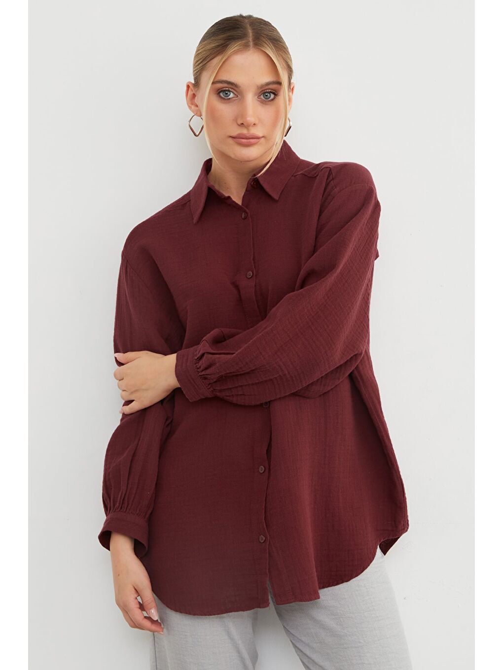 Bordo Basic Oversize Gömlek-1