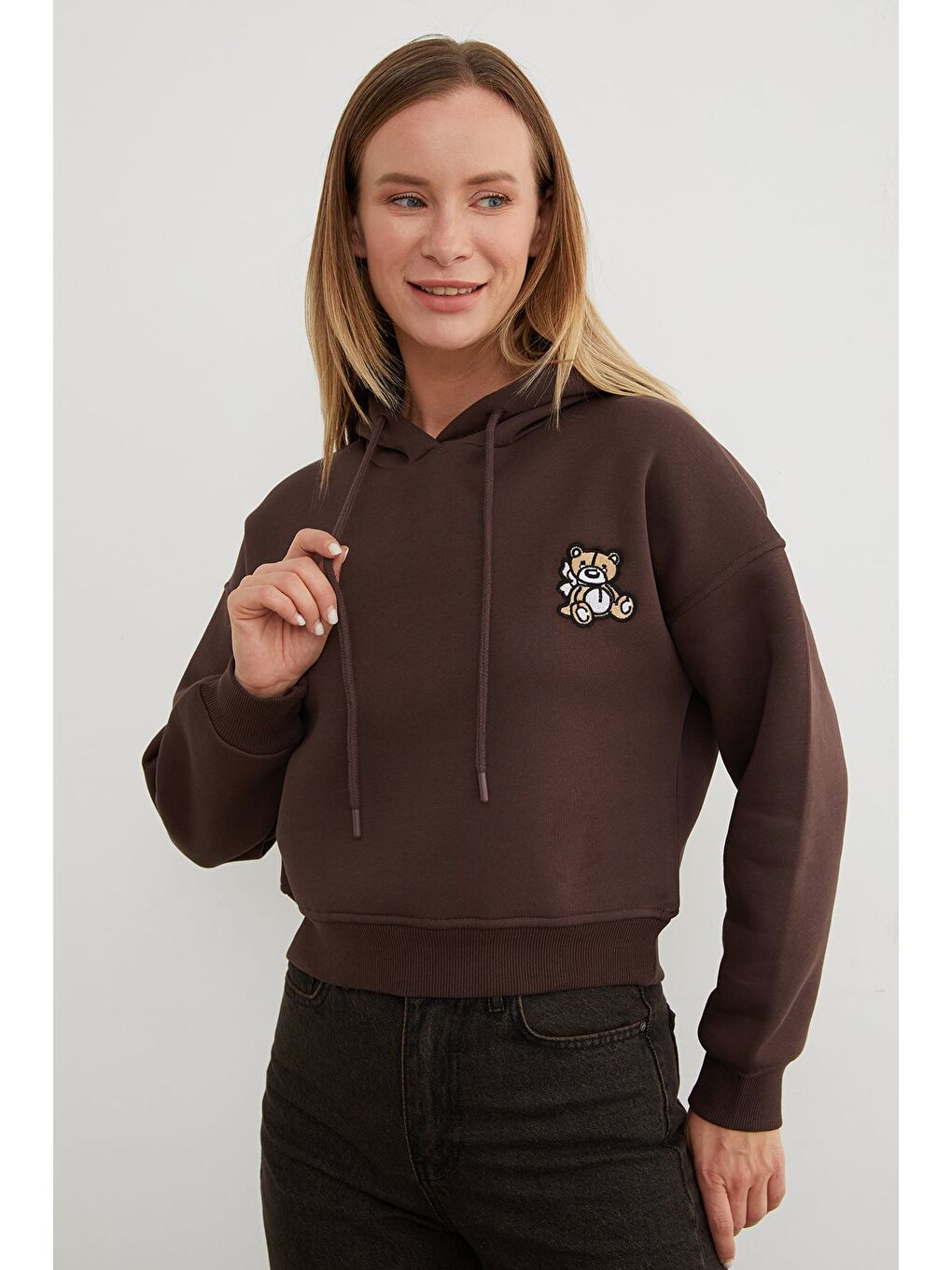 Kahverengi 3 İplik Ayıcık Nakışlı Kapüşonlu Sweatshirt-2