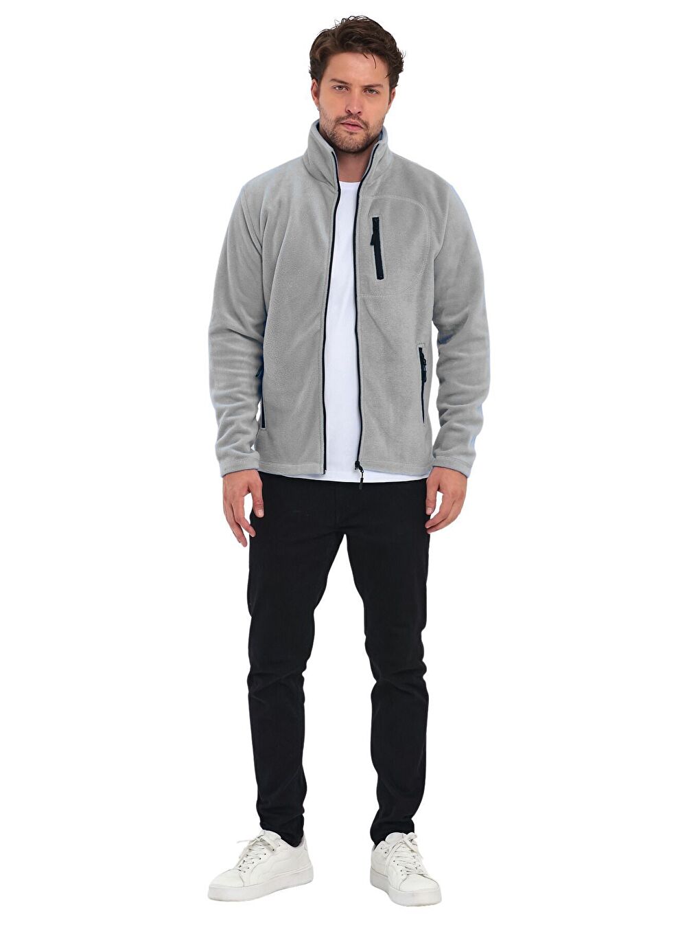 Gri Erkek Polar Tam Fermuarlı 3 Cepli Outdoor Polar Ceket-2