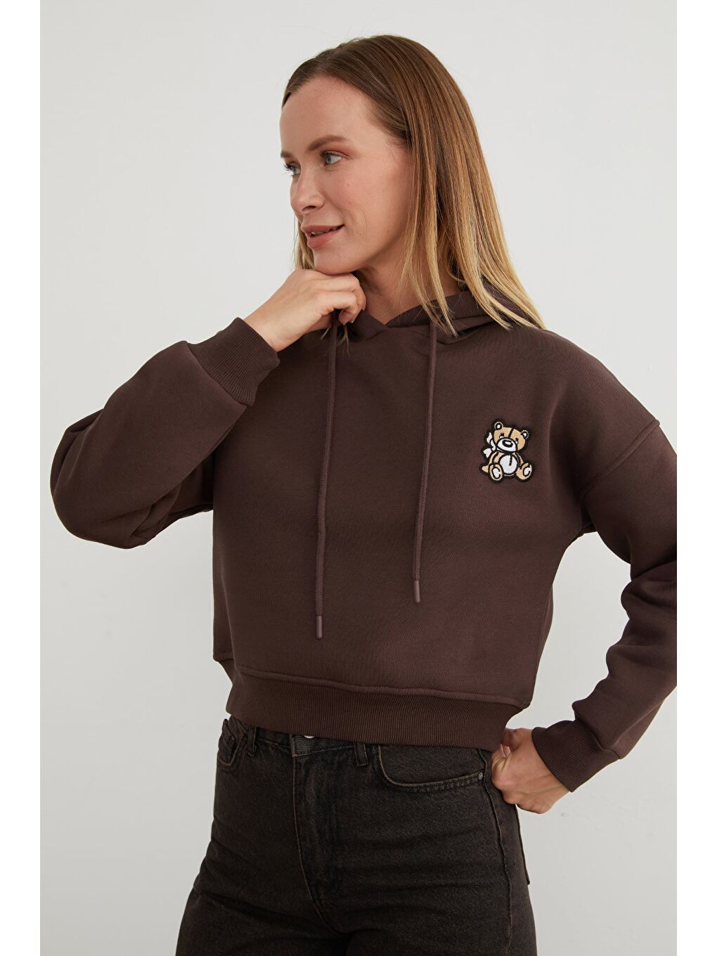 Kahverengi 3 İplik Ayıcık Nakışlı Kapüşonlu Sweatshirt-3