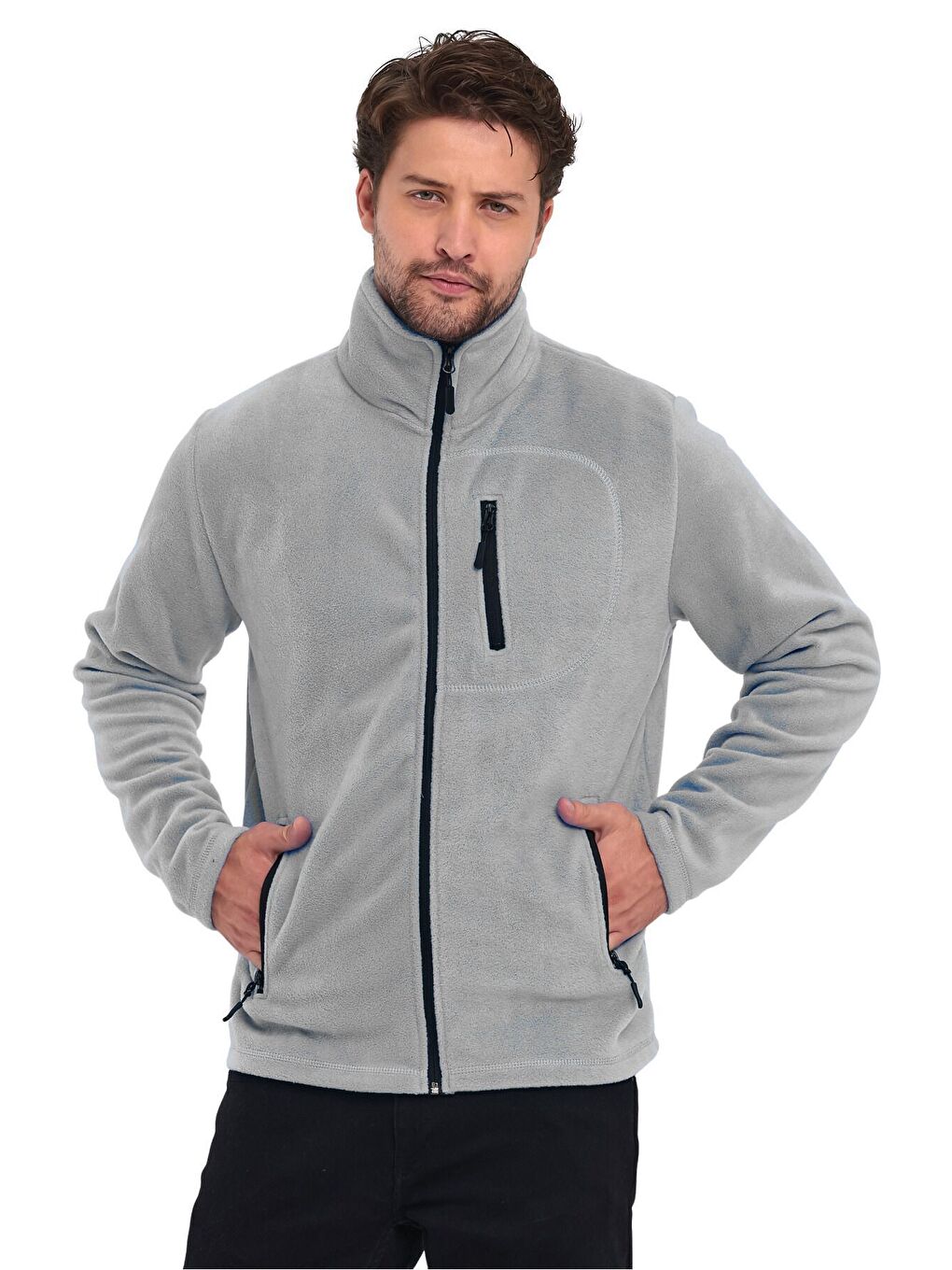 Gri Erkek Polar Tam Fermuarlı 3 Cepli Outdoor Polar Ceket-3