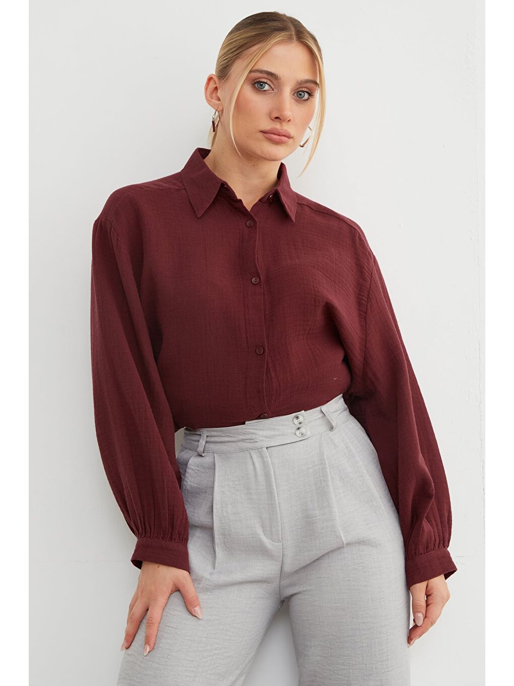 Bordo Basic Oversize Gömlek-3
