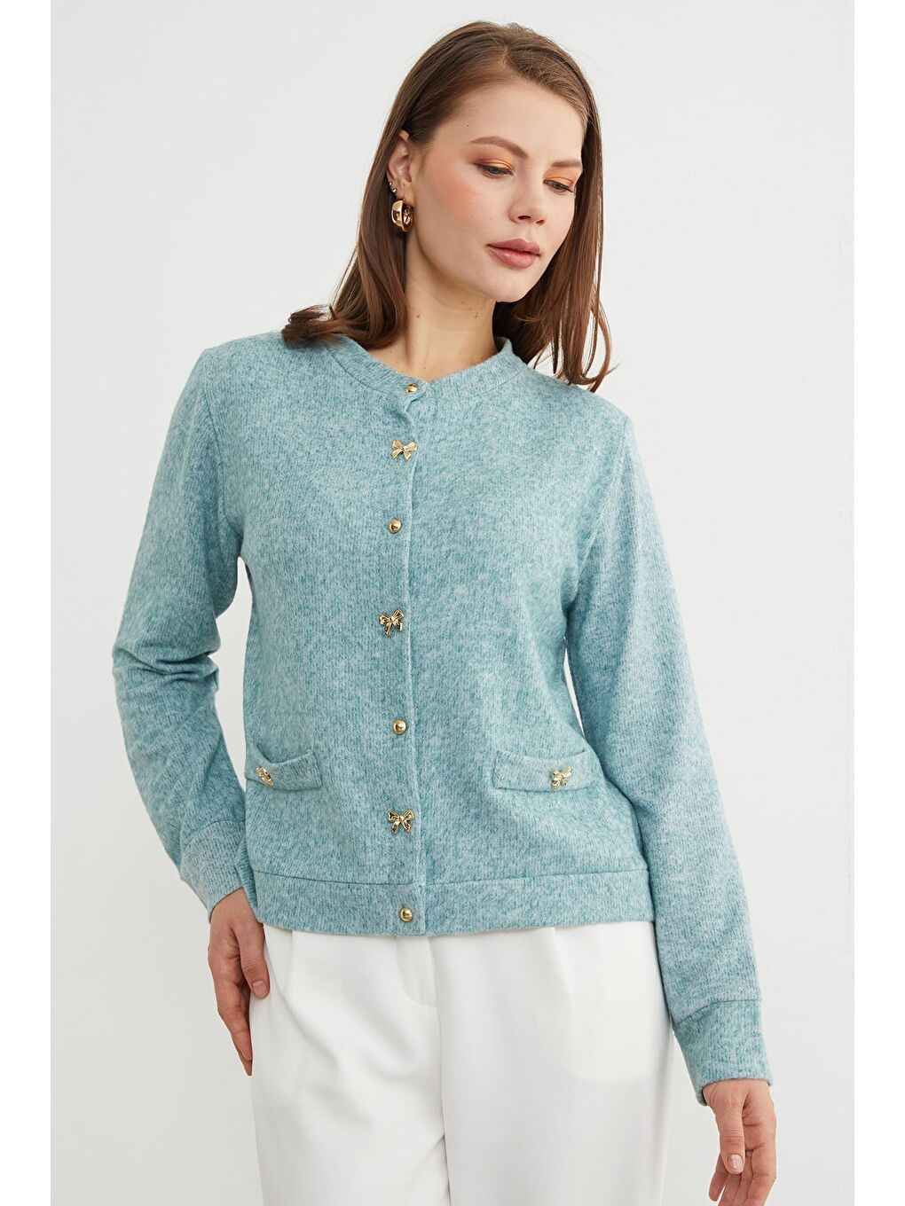 Yeşil Fiyonk Düğmeli Cepli Triko Hırka-2