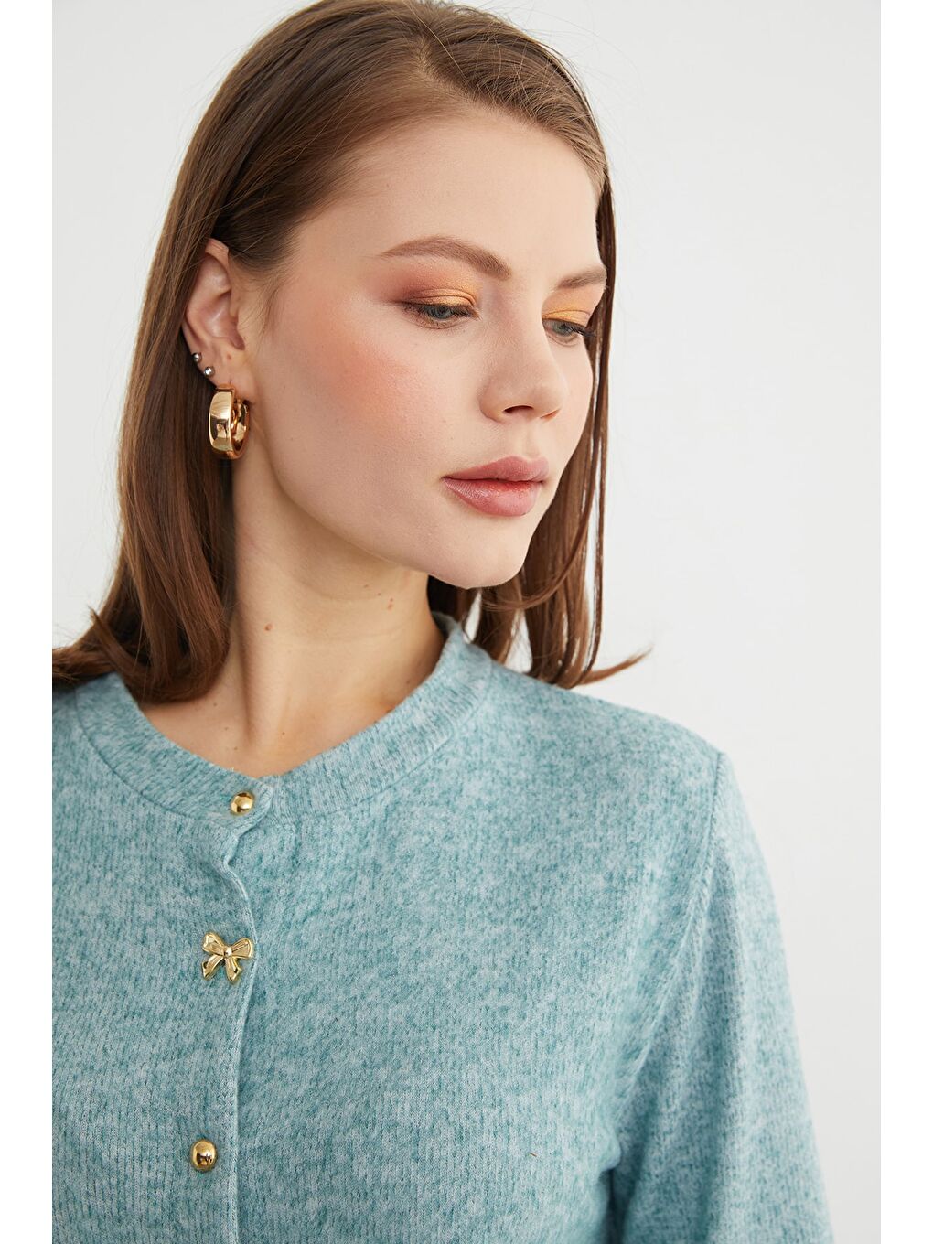 Yeşil Fiyonk Düğmeli Cepli Triko Hırka-3