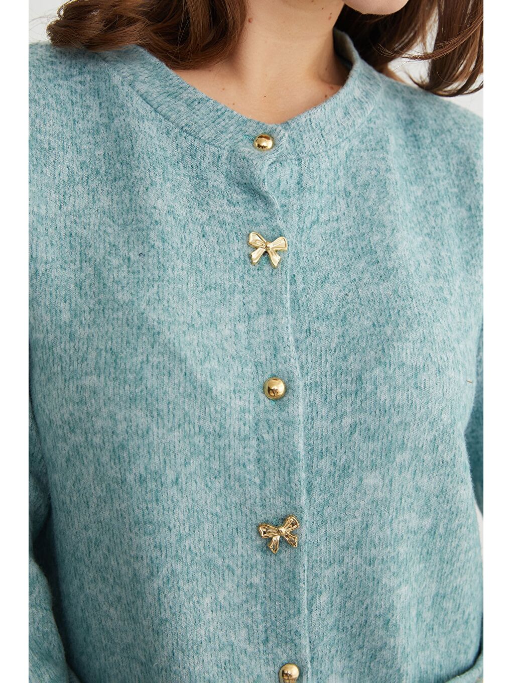 Yeşil Fiyonk Düğmeli Cepli Triko Hırka-4