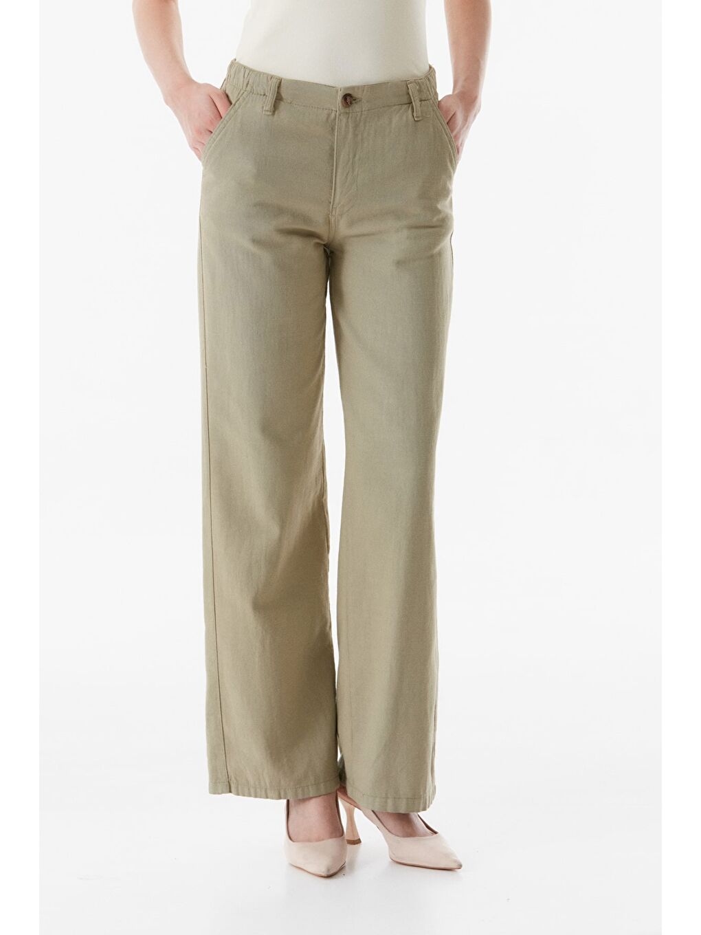 Haki Yüksek Bel Palazzo Keten Pantolon-2