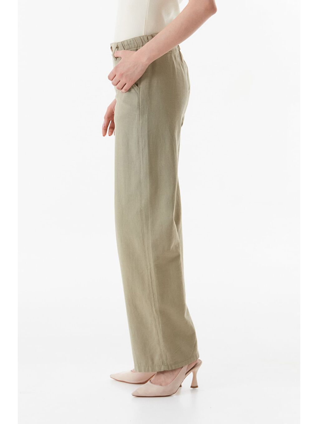 Haki Yüksek Bel Palazzo Keten Pantolon-3