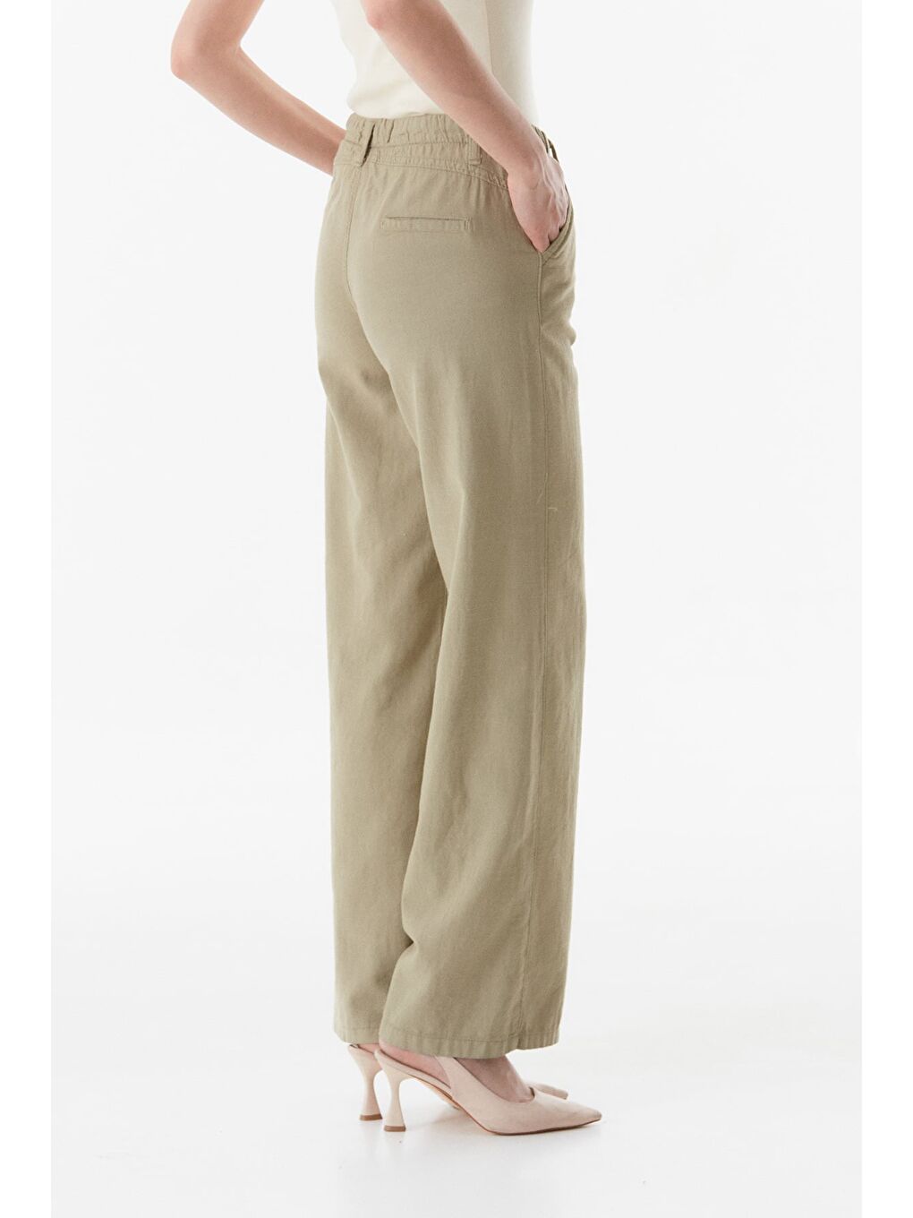 Haki Yüksek Bel Palazzo Keten Pantolon-4