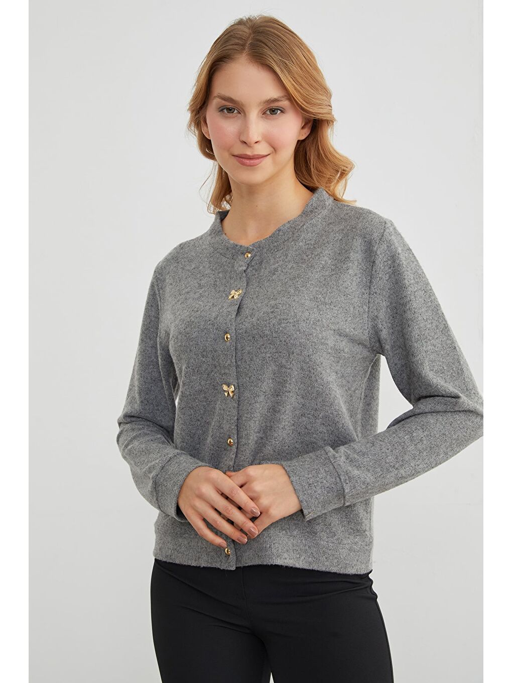 Gri Fiyonk Düğmeli Cepli Triko Hırka-3