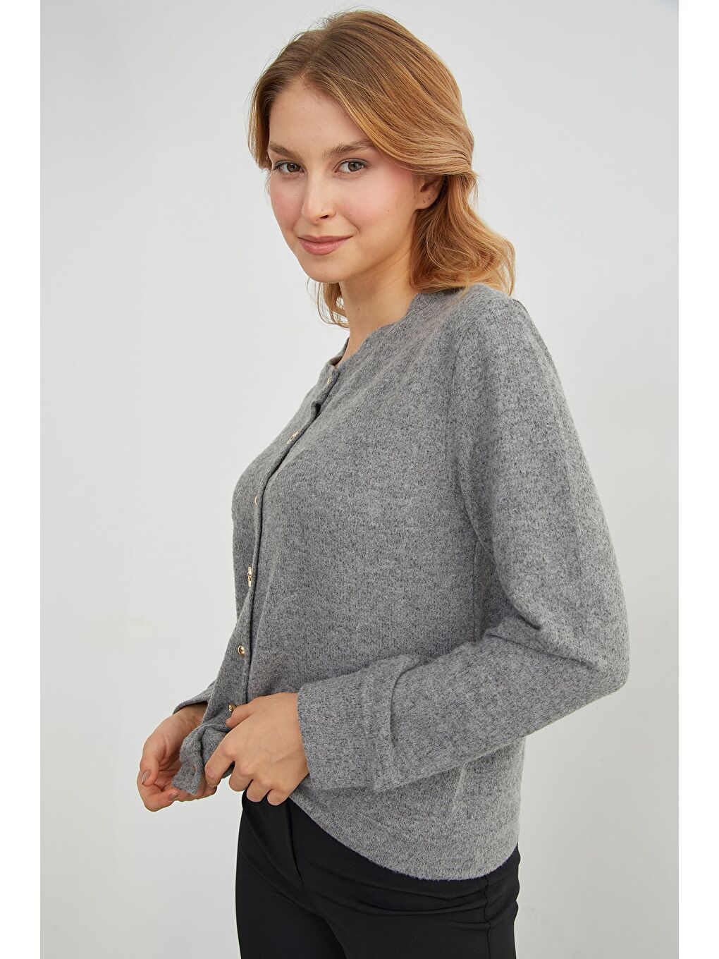 Gri Fiyonk Düğmeli Cepli Triko Hırka-4