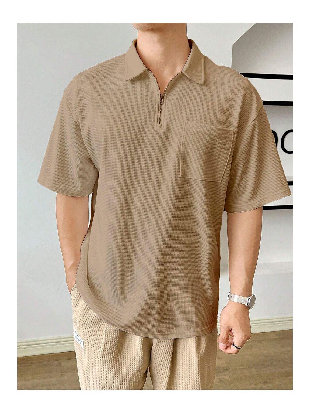 Genius Store Bej Erkek Oversize Polo Yaka Waffle Tişört  POLOYAKA-FERMUARLI