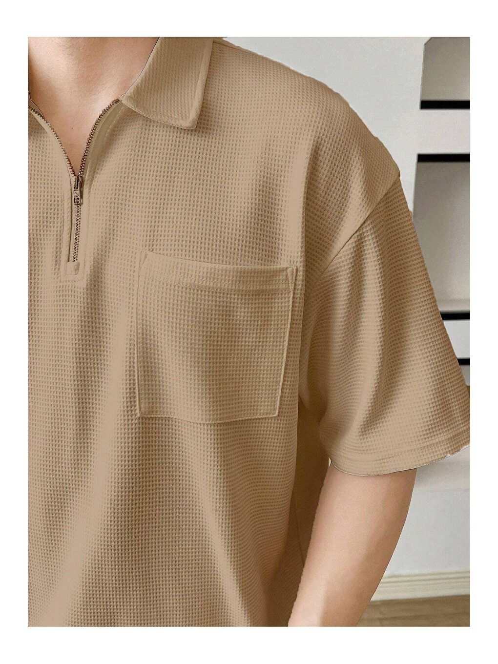 Genius Store Bej Erkek Oversize Polo Yaka Waffle Tişört  POLOYAKA-FERMUARLI - 1