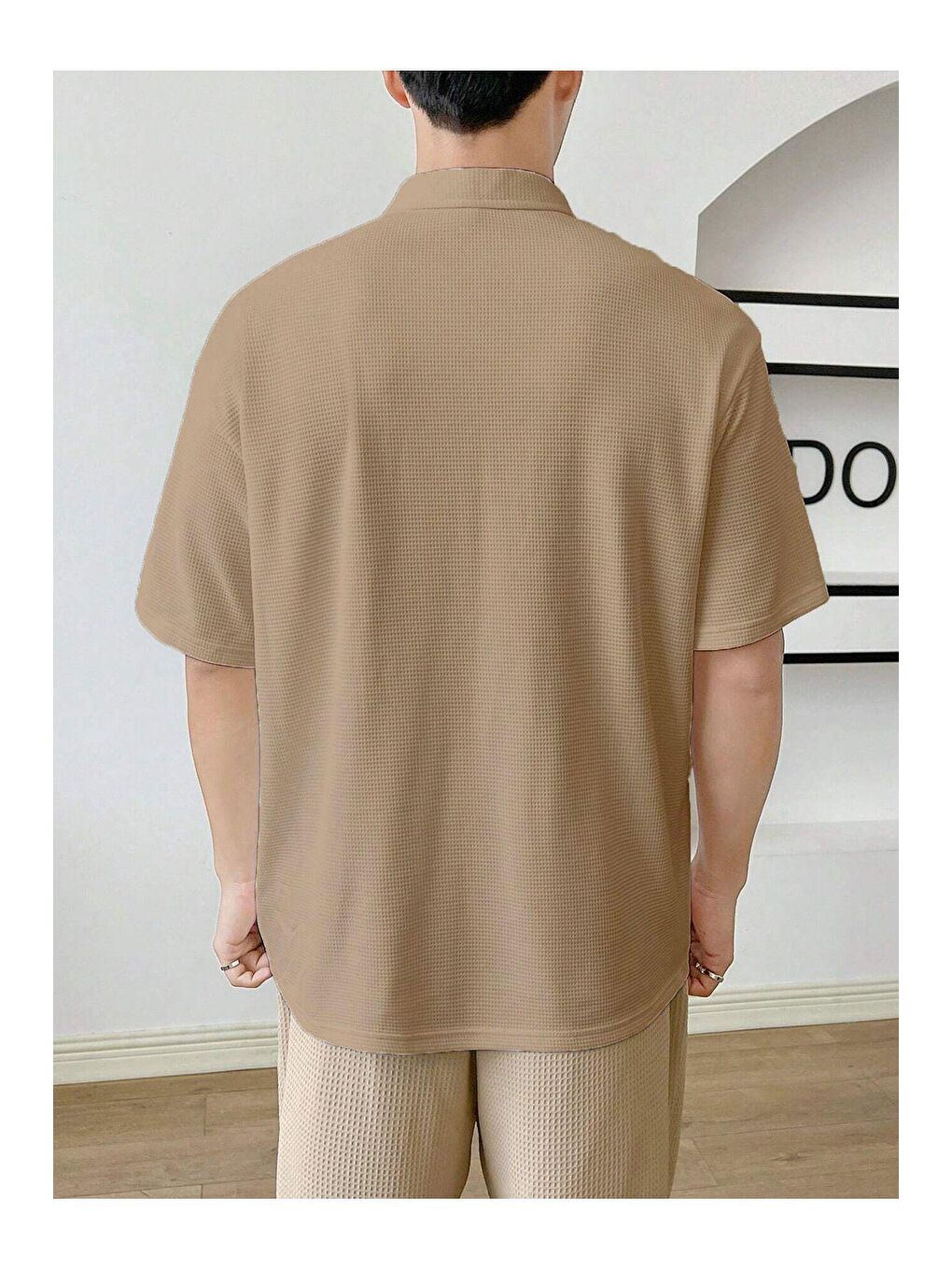 Genius Store Bej Erkek Oversize Polo Yaka Waffle Tişört  POLOYAKA-FERMUARLI - 2