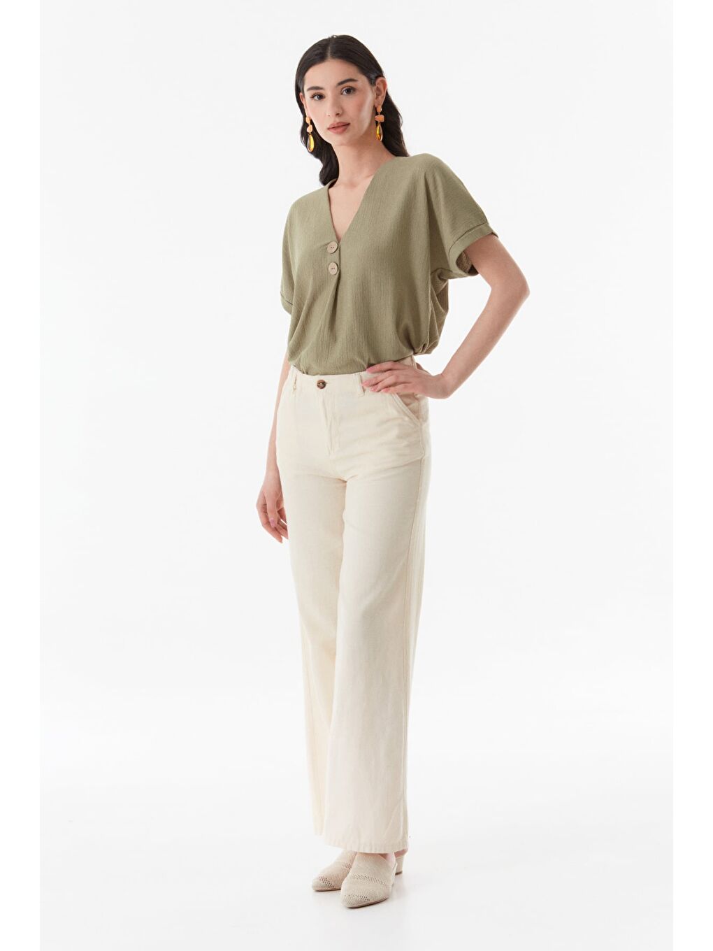 Bej Yüksek Bel Palazzo Pantolon-1
