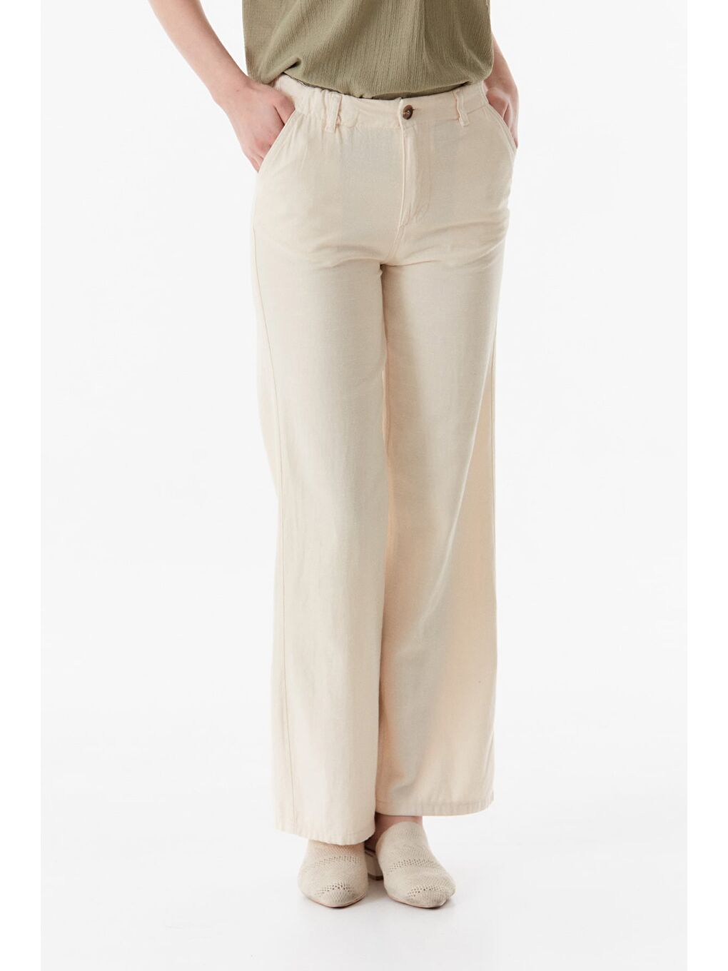 Bej Yüksek Bel Palazzo Pantolon-2