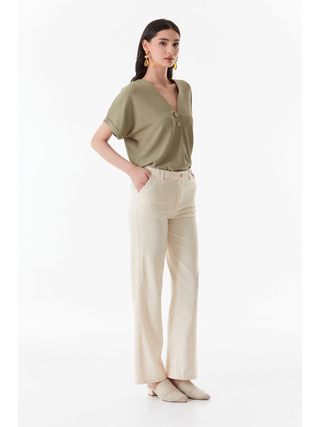 Bej Yüksek Bel Palazzo Pantolon-3