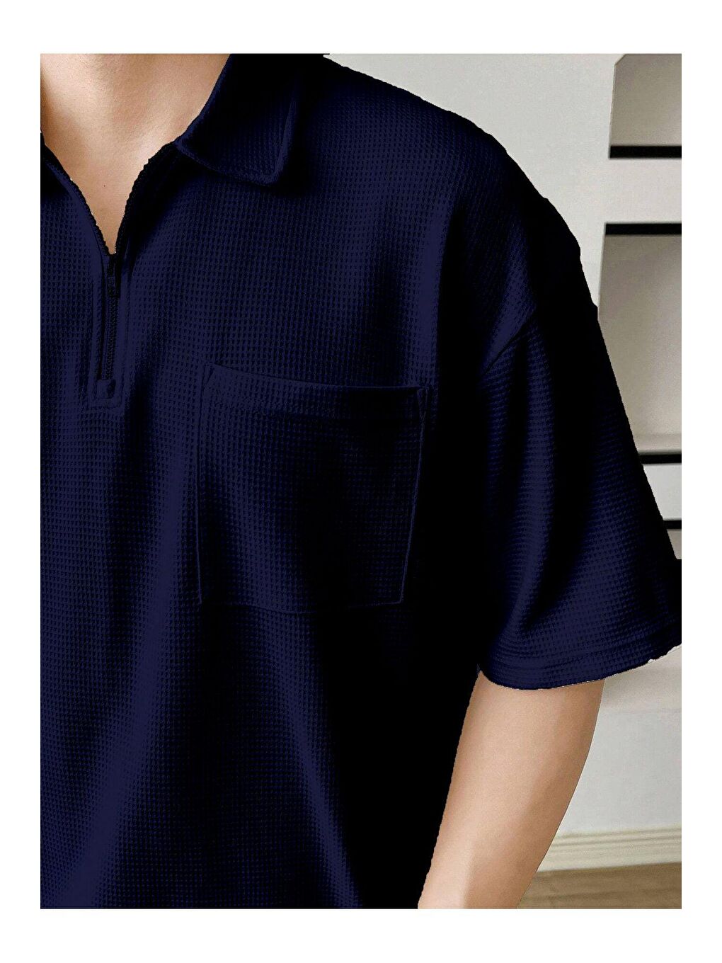 Lacivert Erkek Oversize Polo Yaka Waffle Tişört-1
