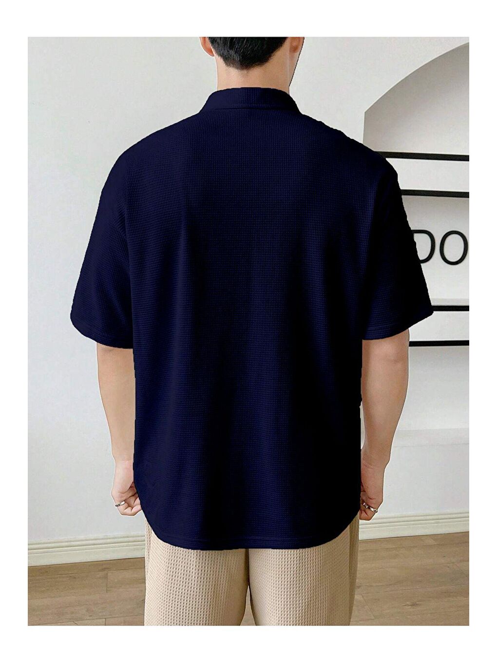 Lacivert Erkek Oversize Polo Yaka Waffle Tişört-2