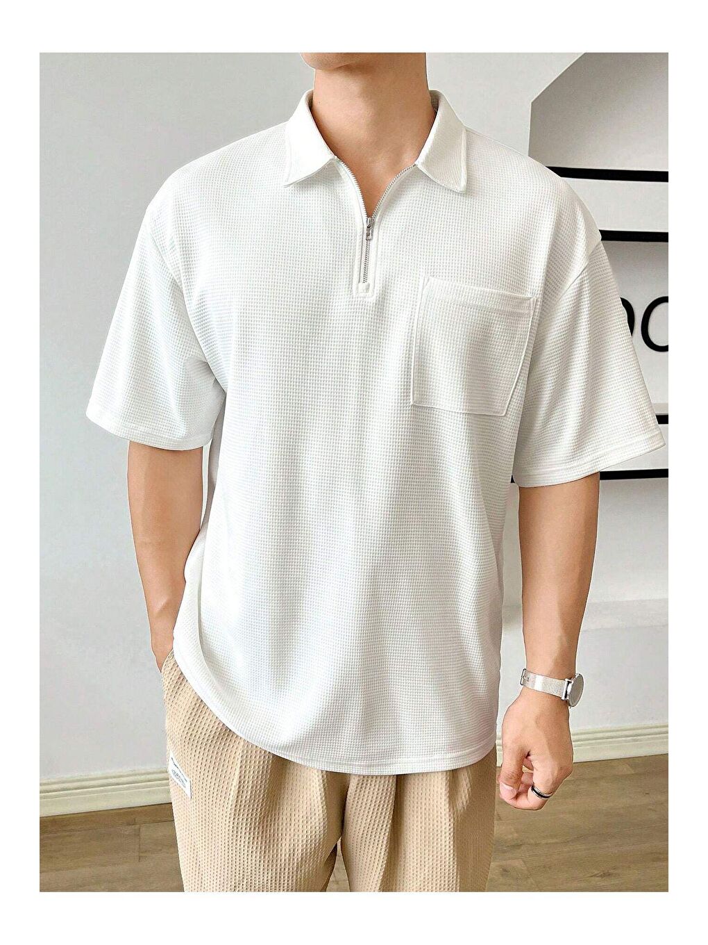 Beyaz Erkek Oversize Polo Yaka Waffle Tişört