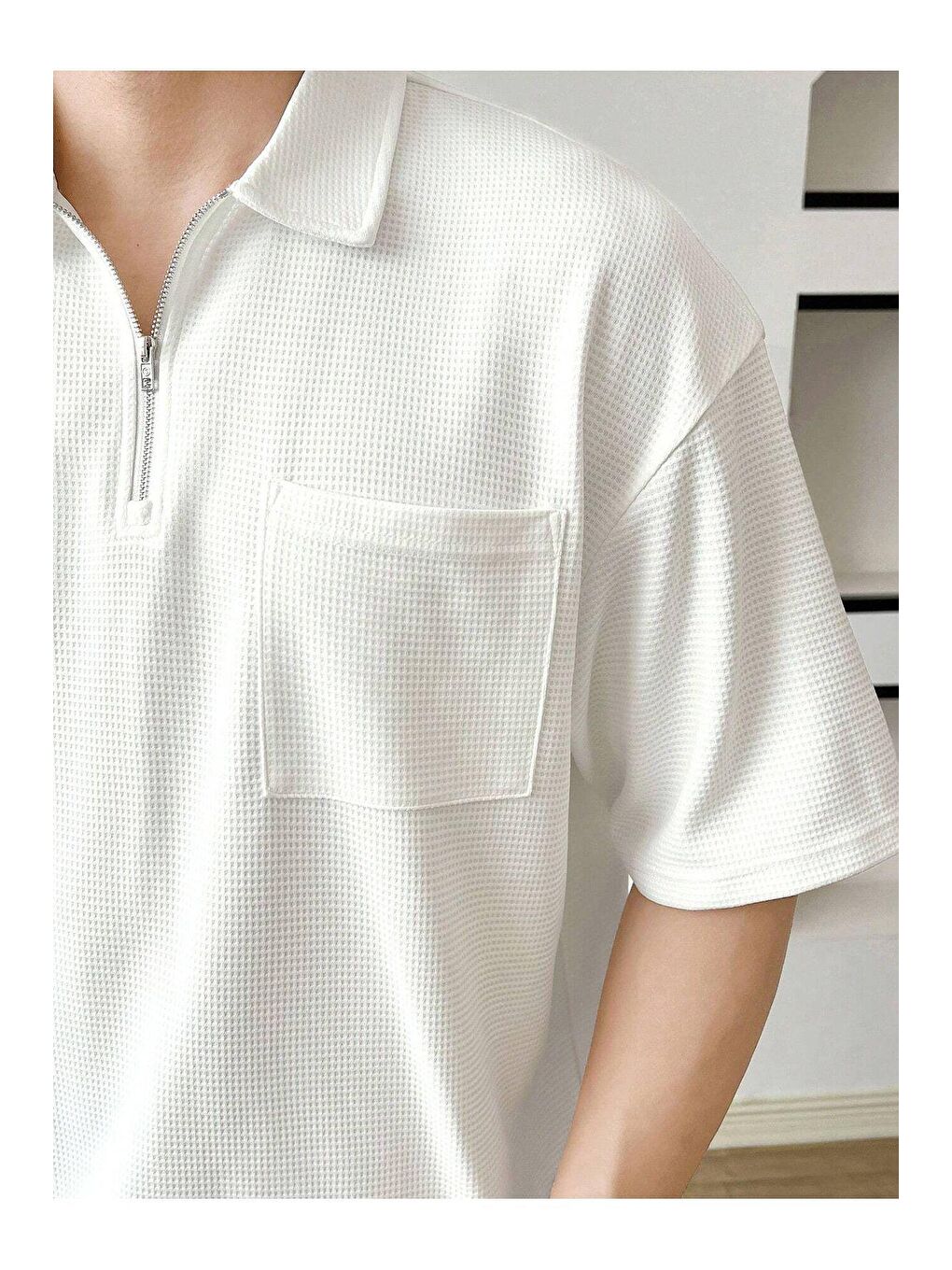 Beyaz Erkek Oversize Polo Yaka Waffle Tişört-1