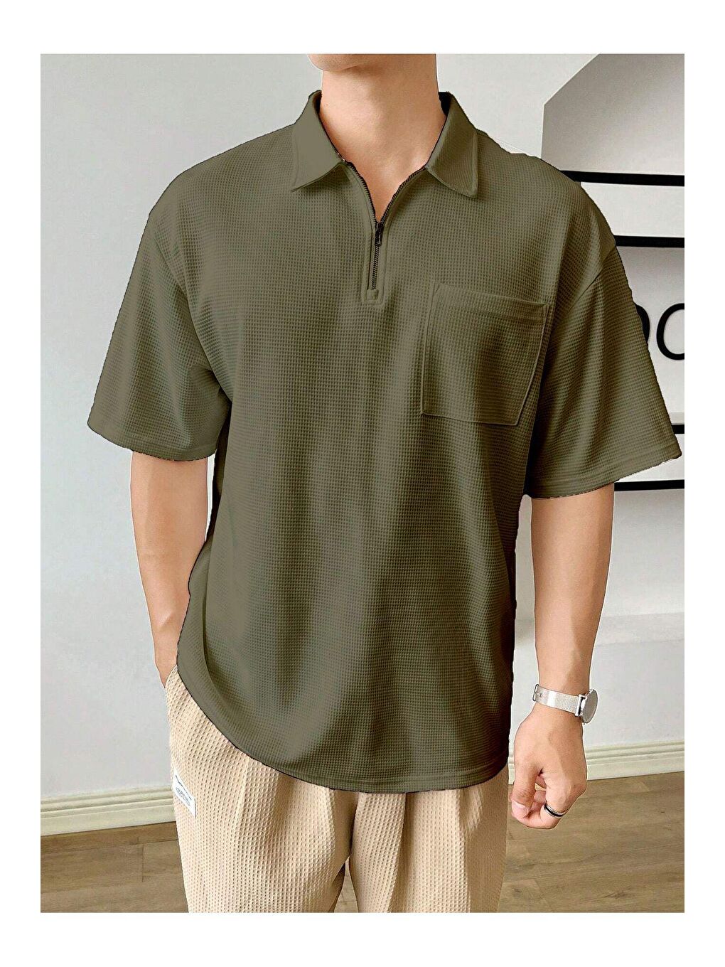 Genius Store Haki Erkek Oversize Polo Yaka Waffle Tişört