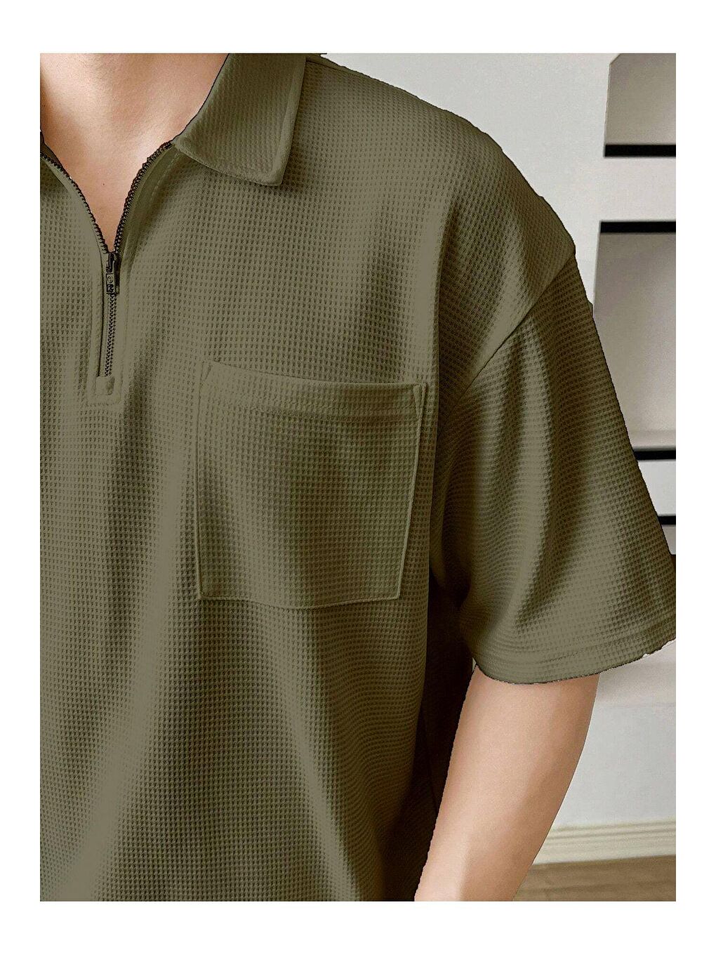 Genius Store Haki Erkek Oversize Polo Yaka Waffle Tişört - 1