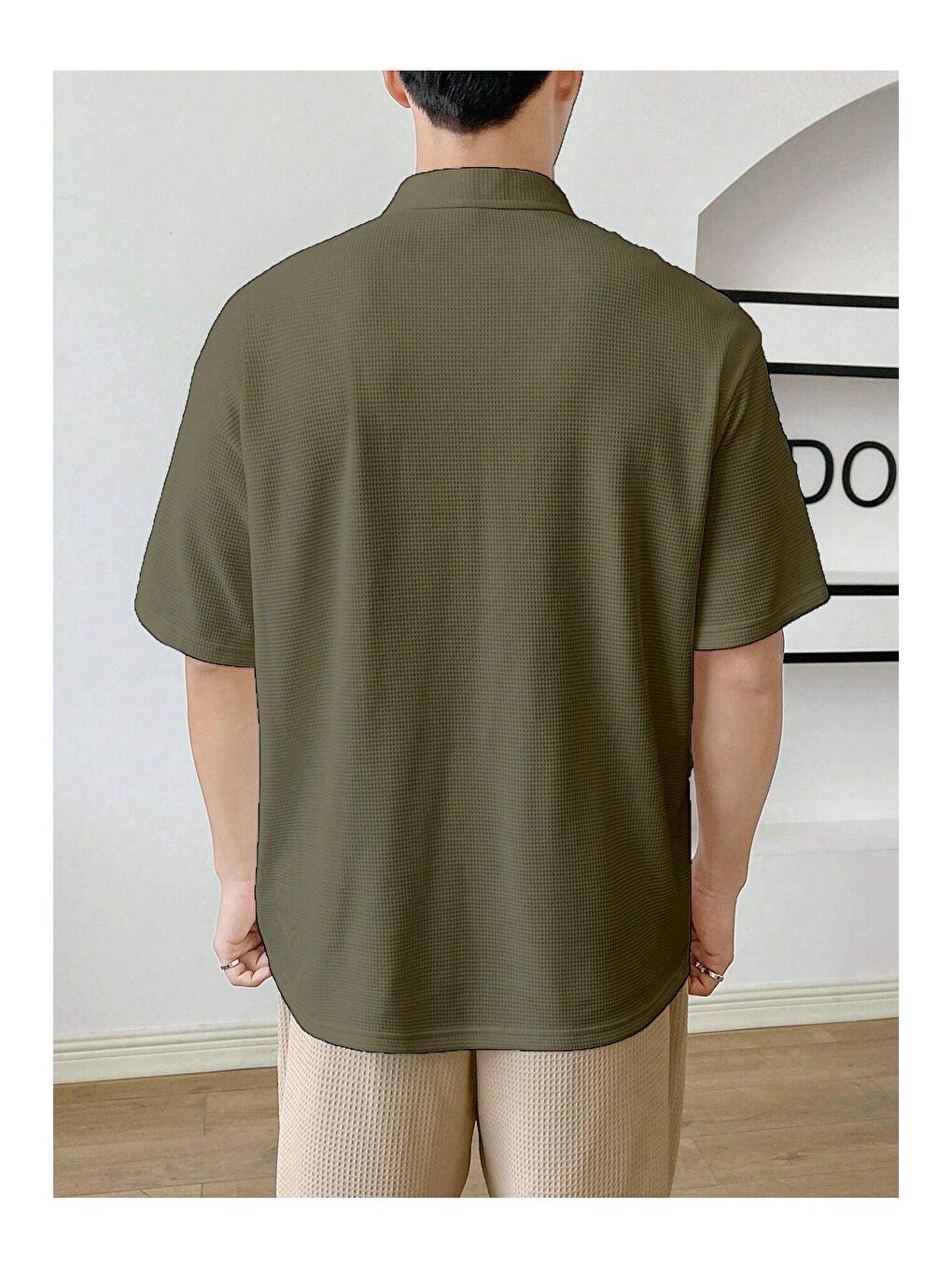 Genius Store Haki Erkek Oversize Polo Yaka Waffle Tişört - 2