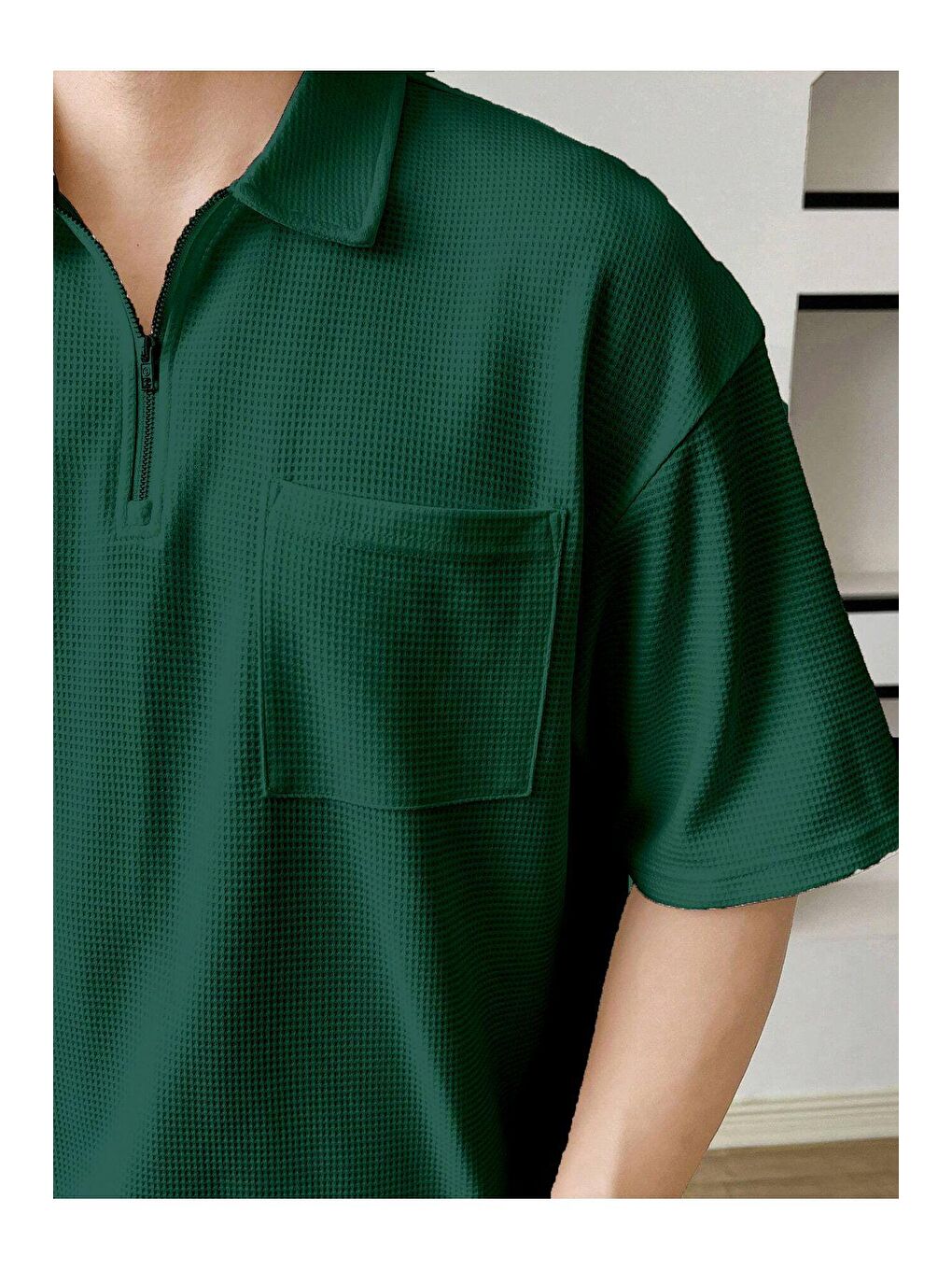 Genius Store Yeşil Erkek Oversize Polo Yaka Waffle Tişört - 1