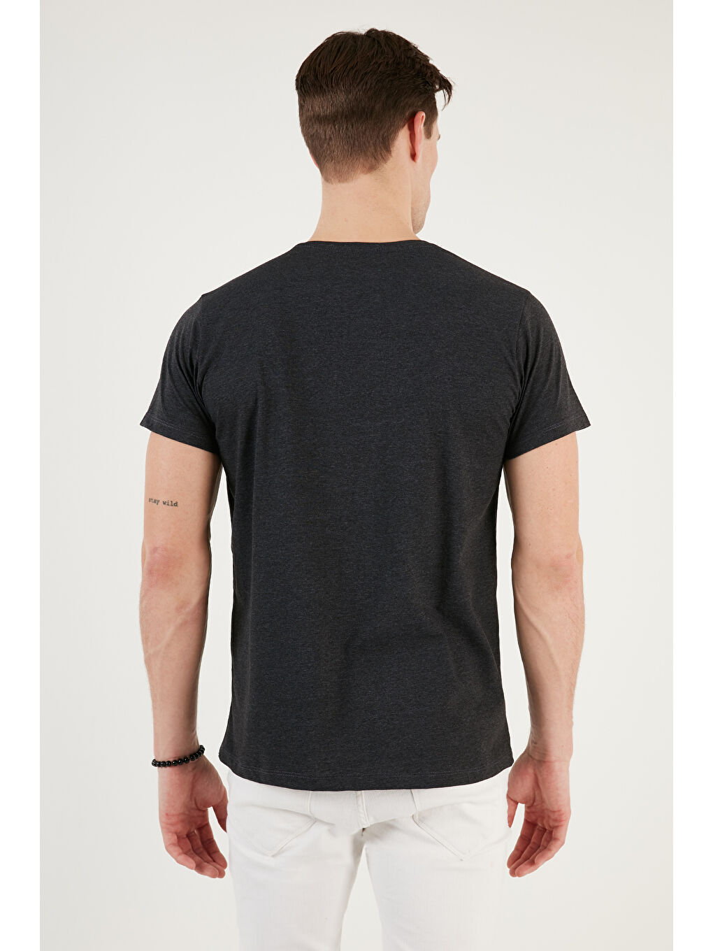 Gri Bisiklet Yaka %100 Pamuklu Slim Fit Erkek Tişört 541REWORK-5