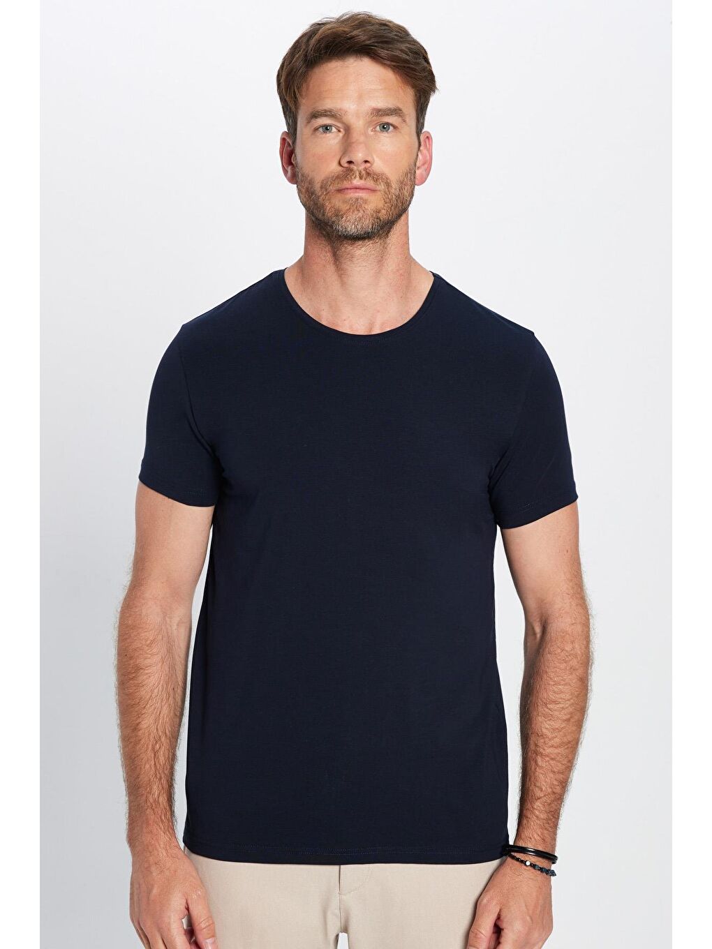 Erkek Slim Fit Dar Kesim Pamuklu Yumuşak Dokulu Esnek Kumaş Düz Basic Lacivert Bisiklet Yaka Tişört-3