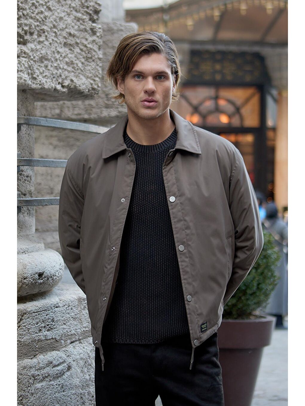 Bej Erkek Oversize Çıt Çıt Kapamalı Vizon Ceket Mont-1