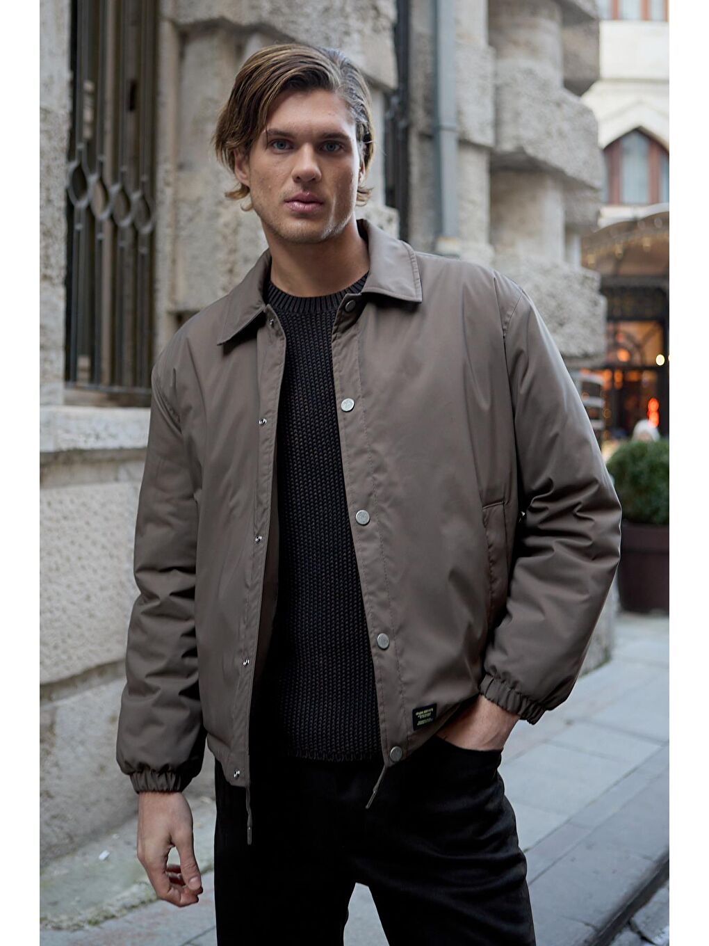 Bej Erkek Oversize Çıt Çıt Kapamalı Vizon Ceket Mont-3