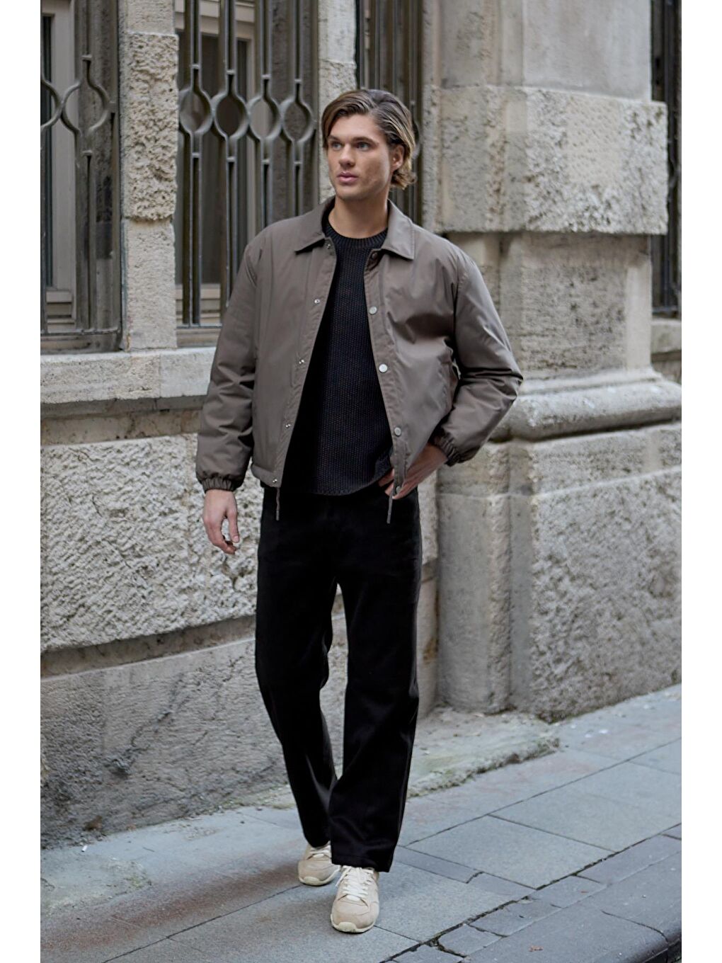 Bej Erkek Oversize Çıt Çıt Kapamalı Vizon Ceket Mont-4