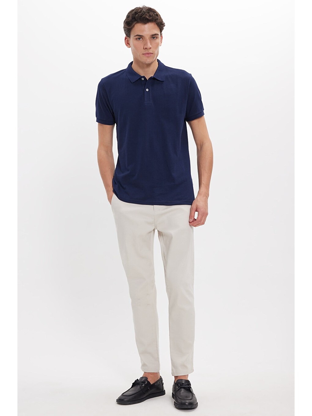 Erkek Slim Fit Dar Kesim Pamuklu Yumuşak Dokulu Serin Tutan Kumaş Düz Pike Lacivert Polo Yaka Tişört-1