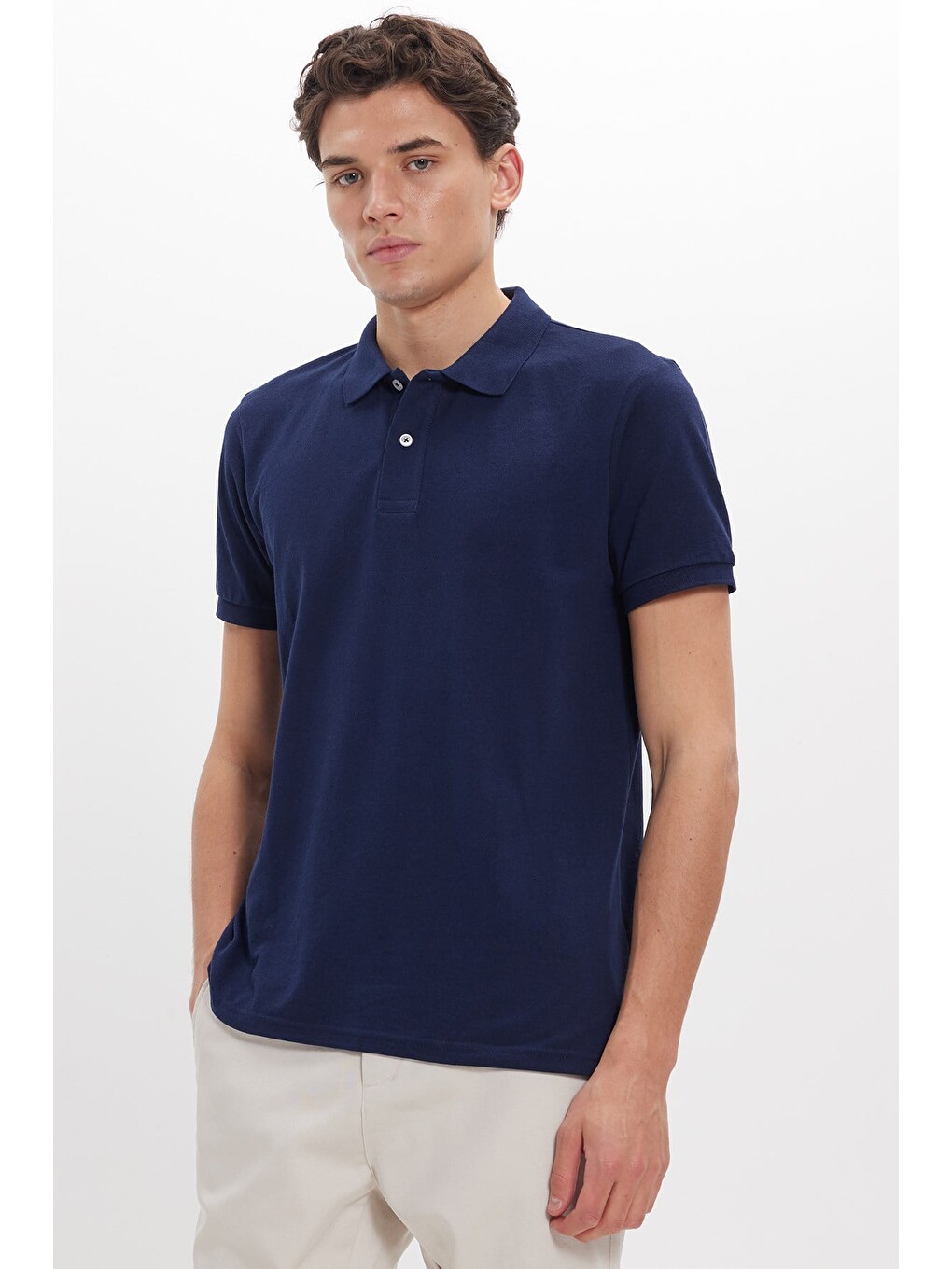 Erkek Slim Fit Dar Kesim Pamuklu Yumuşak Dokulu Serin Tutan Kumaş Düz Pike Lacivert Polo Yaka Tişört-2