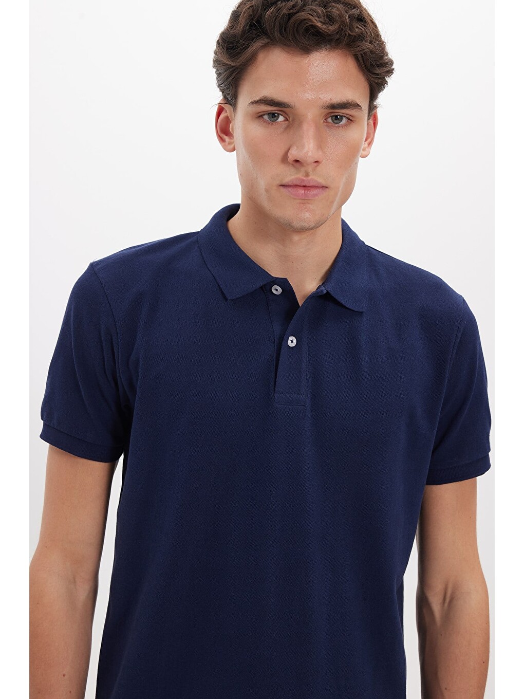 Erkek Slim Fit Dar Kesim Pamuklu Yumuşak Dokulu Serin Tutan Kumaş Düz Pike Lacivert Polo Yaka Tişört-3