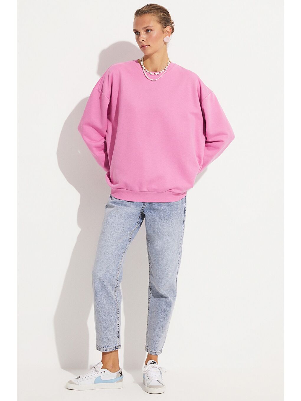 June Pembe Kadın Pamuk Karışımlı Oversize/Geniş Kalıp Bisiklet Yaka Basic Örme Sweatshirt