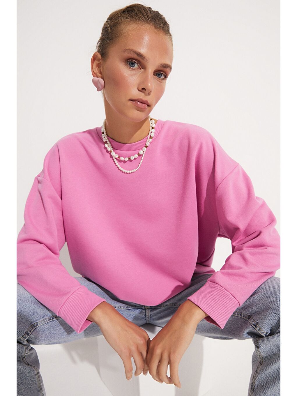 June Pembe Kadın Pamuk Karışımlı Oversize/Geniş Kalıp Bisiklet Yaka Basic Örme Sweatshirt - 2