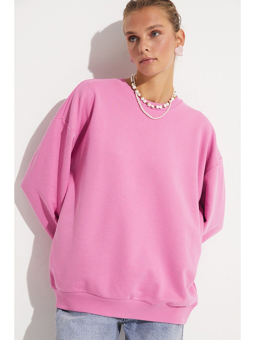 June Pembe Kadın Pamuk Karışımlı Oversize/Geniş Kalıp Bisiklet Yaka Basic Örme Sweatshirt - 3