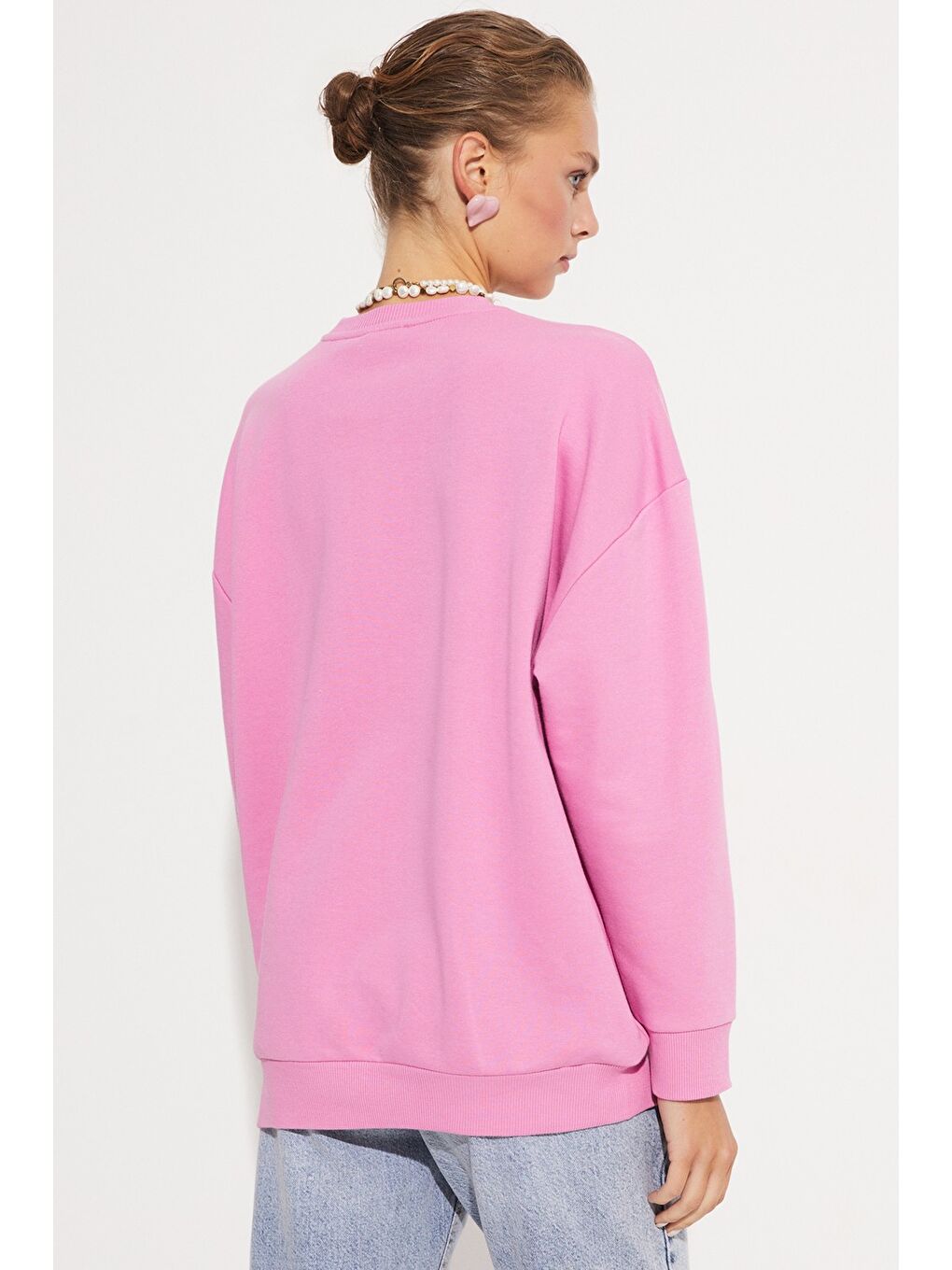 June Pembe Kadın Pamuk Karışımlı Oversize/Geniş Kalıp Bisiklet Yaka Basic Örme Sweatshirt - 4