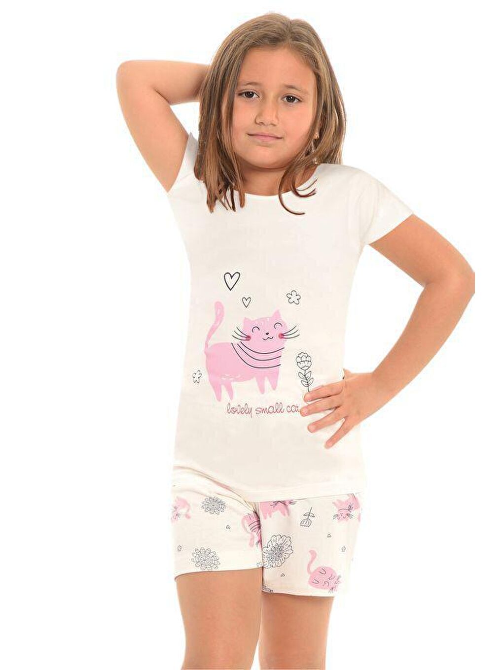 Ekru Pamuklu Kısa Kollu Desenli Şortlu Kız Çocuk Pijama Takım