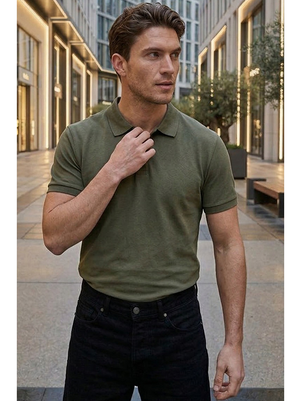 Karışık Erkek 5'Li Paket Kahverengi-Lacivert-Haki-Gri-Açık Gri Slim Fit Pamuklu Düz Pike Polo Yaka Tişört-9