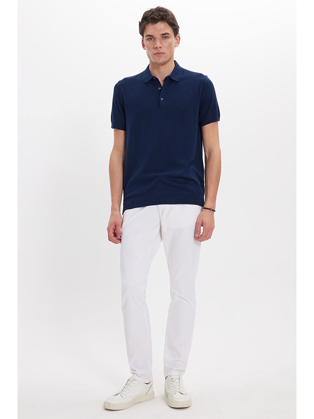 Erkek Polo Yaka Slim Fit Örme Triko Pamuklu Lacivert Tişört-1