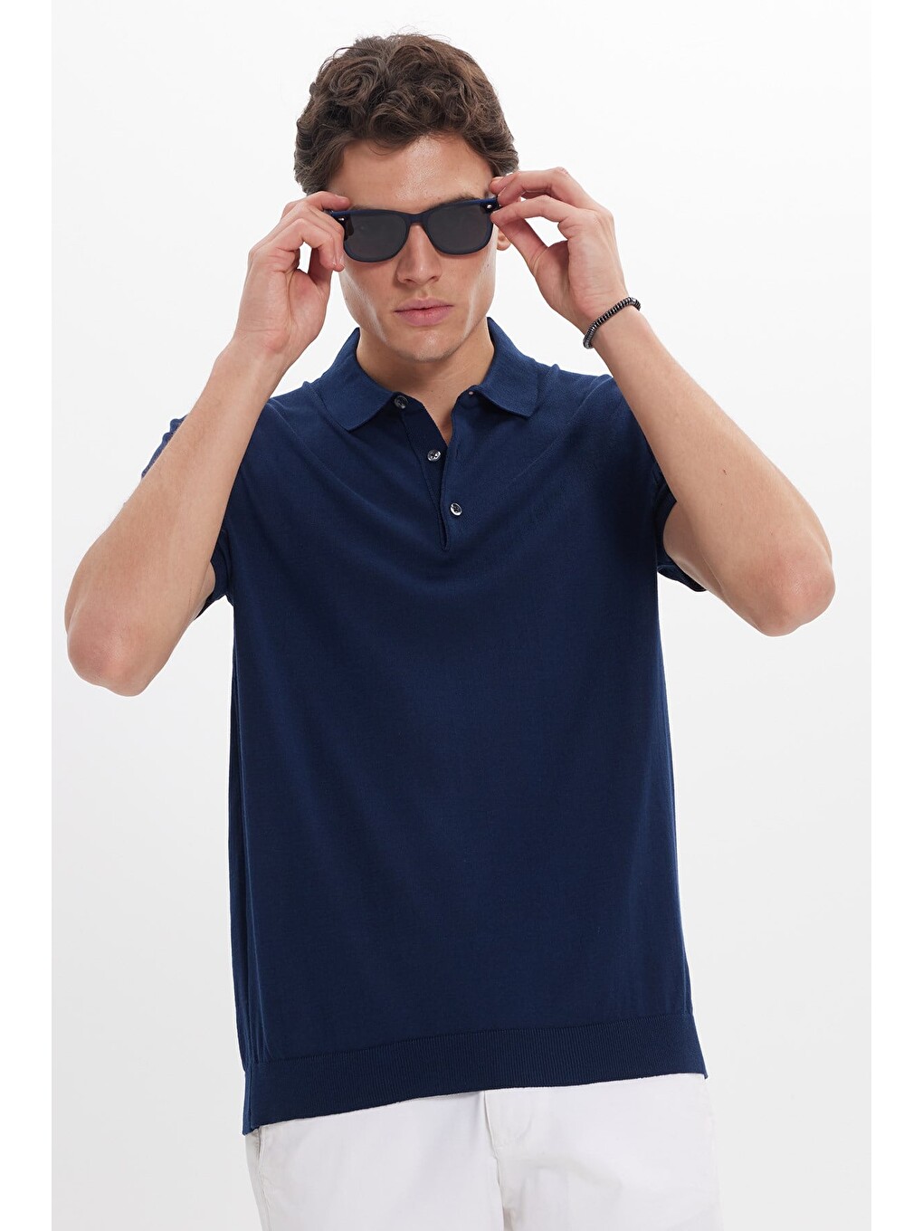 Erkek Polo Yaka Slim Fit Örme Triko Pamuklu Lacivert Tişört-2