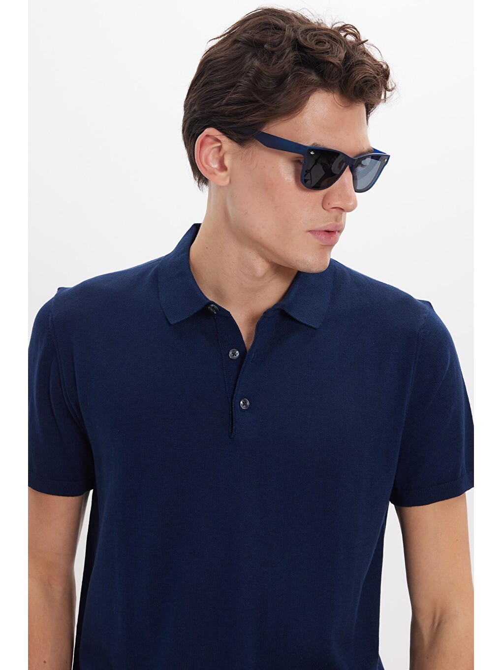 Erkek Polo Yaka Slim Fit Örme Triko Pamuklu Lacivert Tişört-6