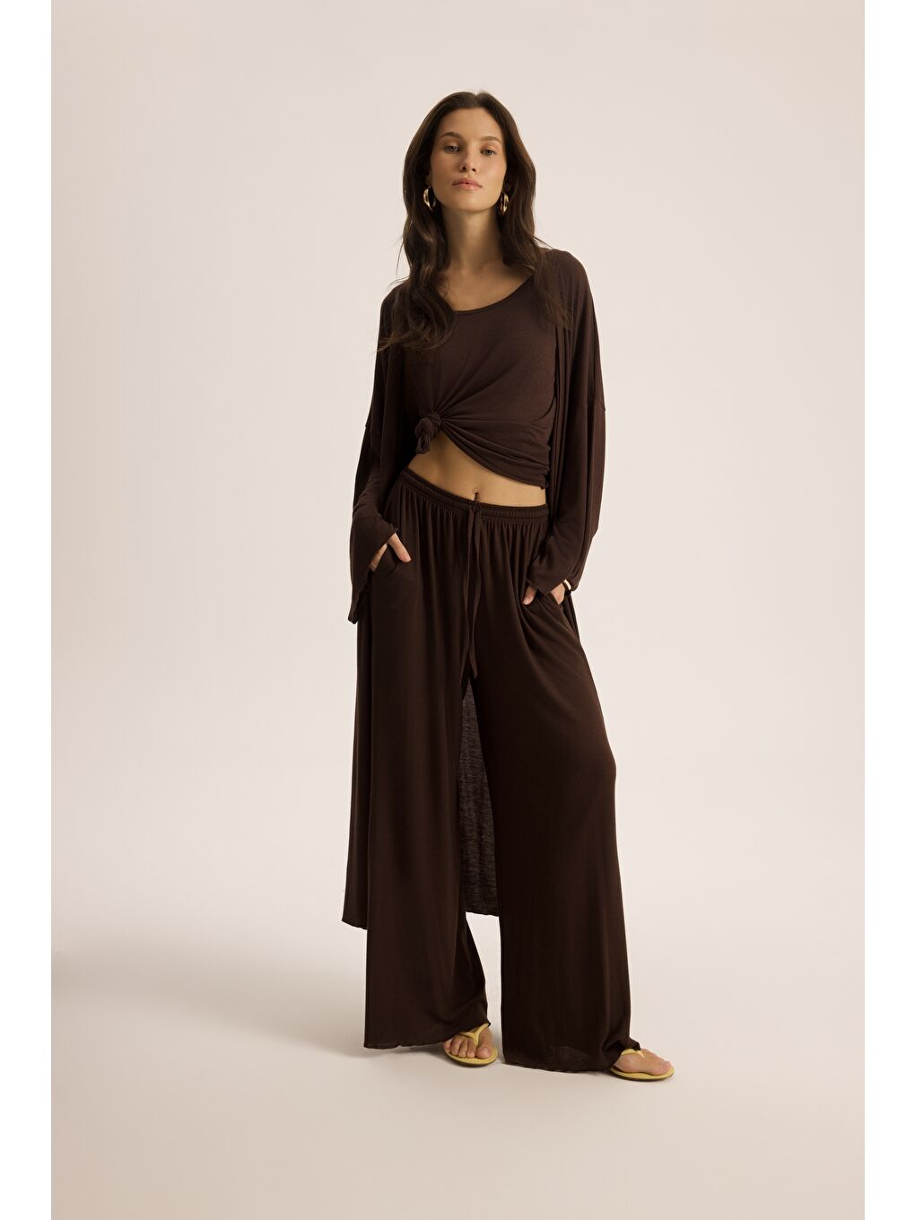 Kahverengi Raina Kahve Kimono Basic Üçlü Takım