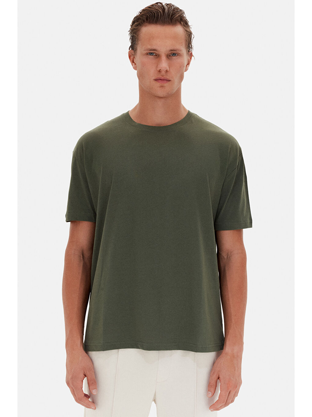 Oversize Haki Bisiklet Yaka %100 Pamuk Tişört