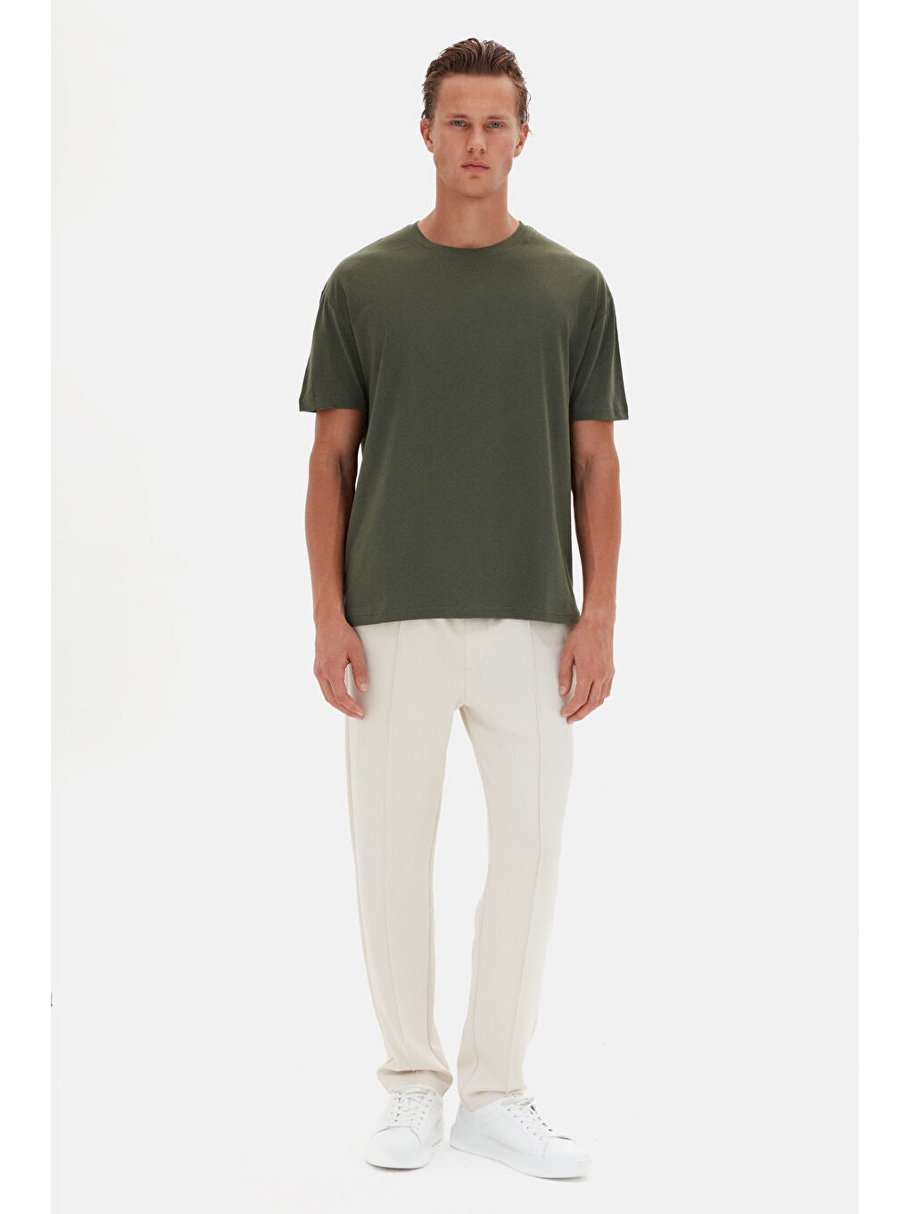 Oversize Haki Bisiklet Yaka %100 Pamuk Tişört-1