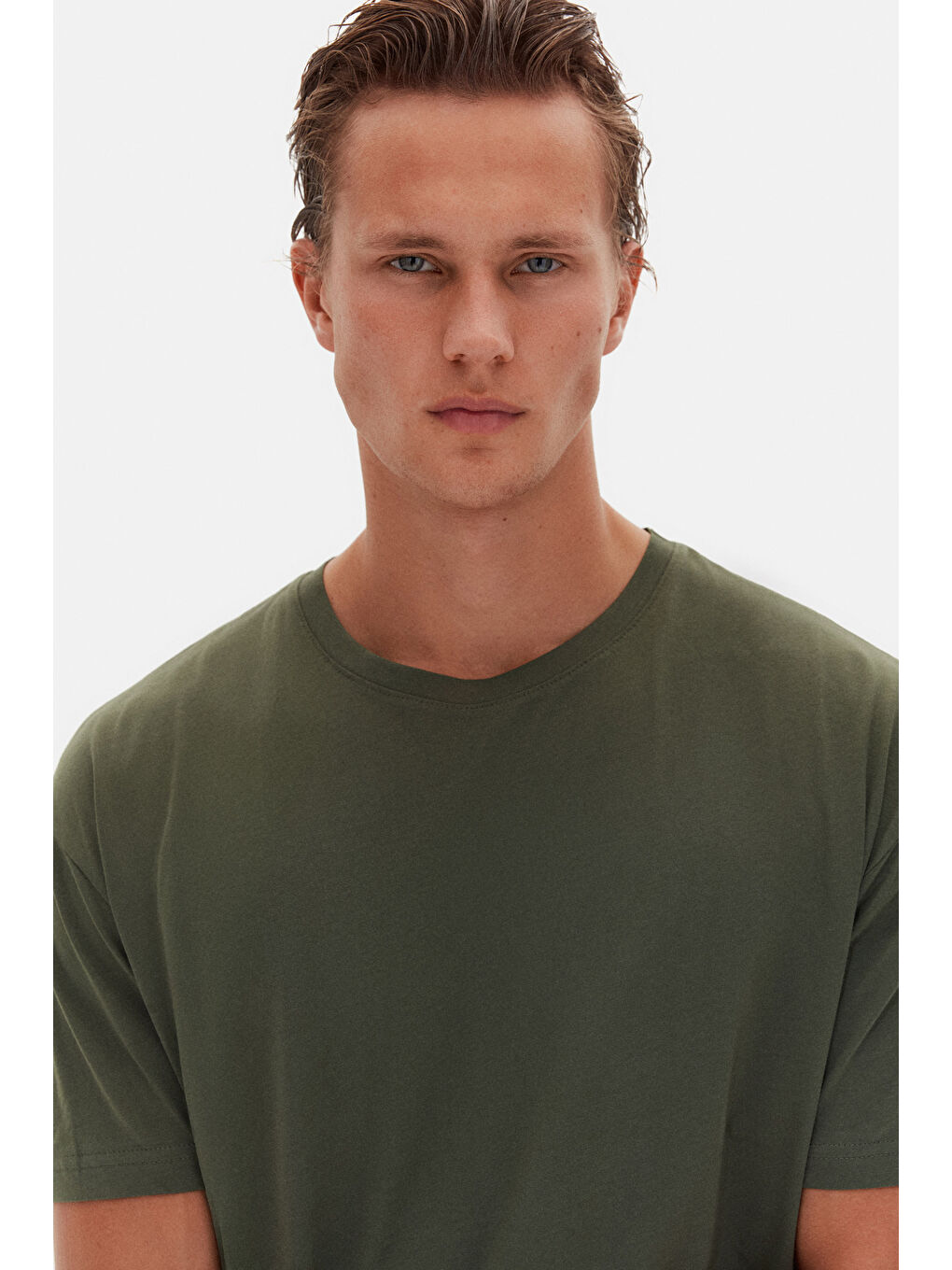 Oversize Haki Bisiklet Yaka %100 Pamuk Tişört-3